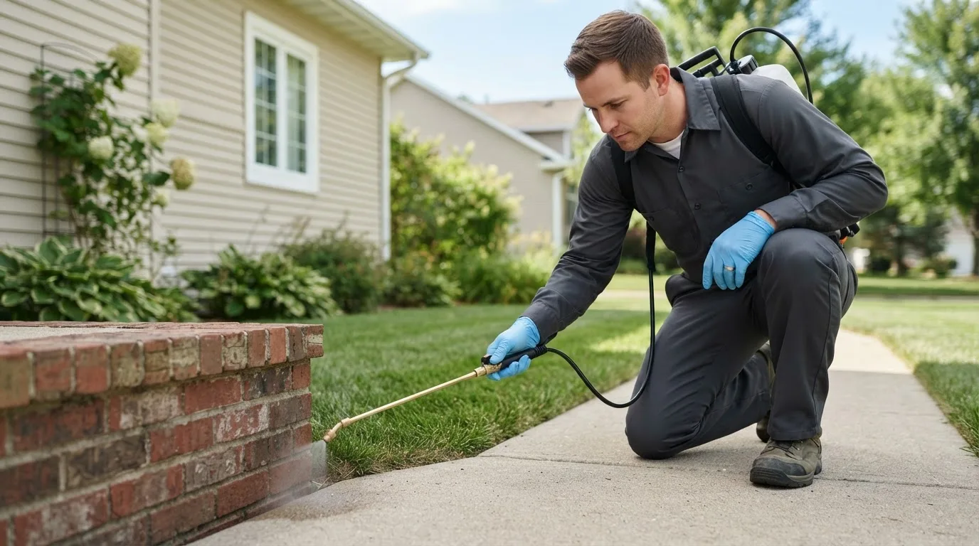 Pest control technician treating a home near Augusta, MI